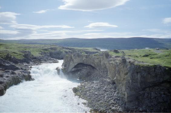 A smaller waterfall downstream from Goafoss as viewed from the bridge over the river