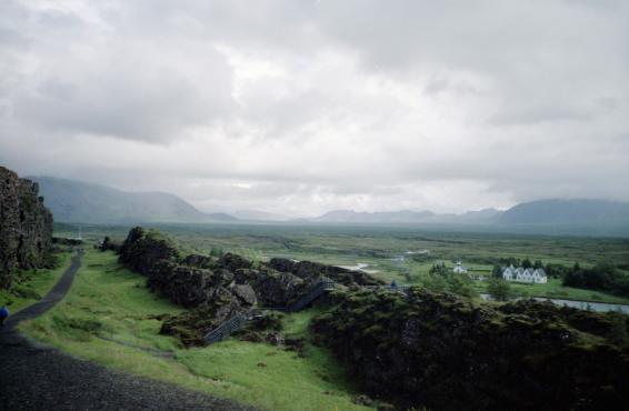 A view over the plains at ingvellir from just above the lake, showing the houses and the mountains